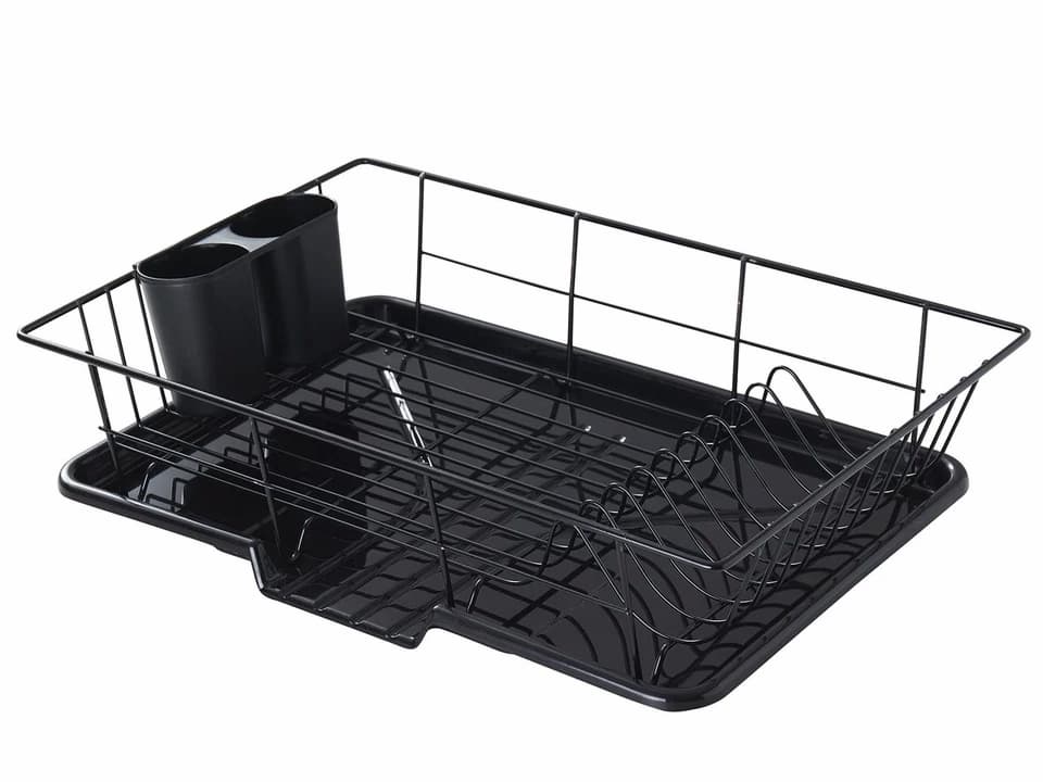 Black metal dish drying rack with utensil holder and draining tray, compact rectangular design, plate slots on one side, glossy finish