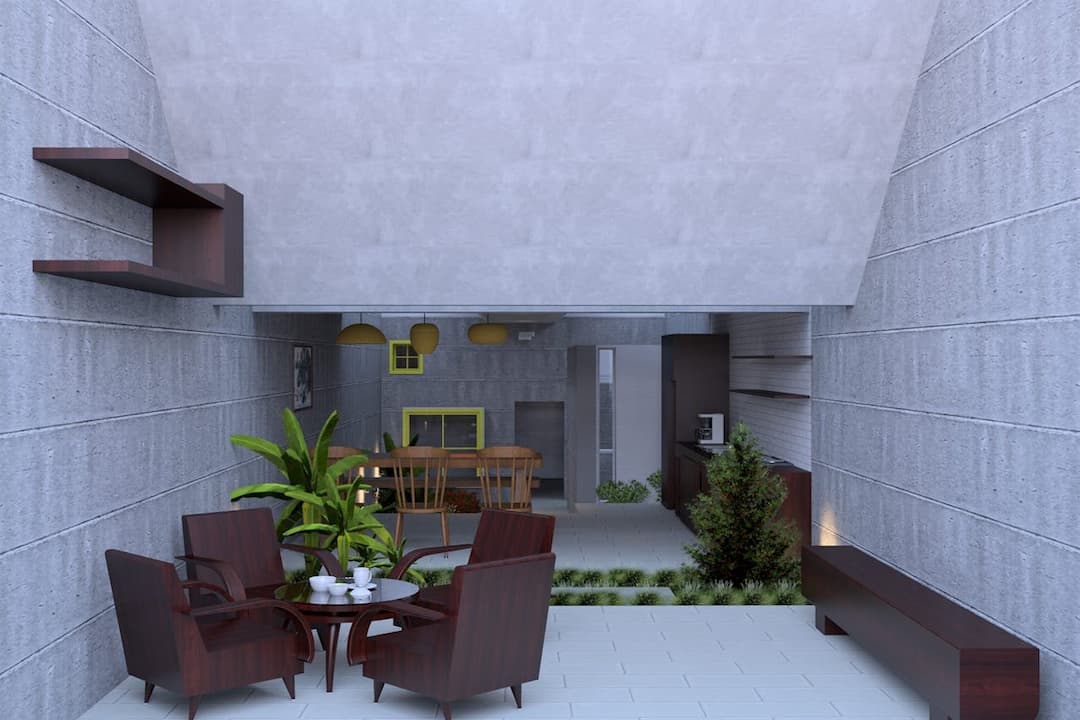 modern indoor patio, four dark wooden armchairs, round table with white teacups, potted plants, grey tiled floor, open view into dining area, yellow pendant lights, concrete walls, minimalist decor