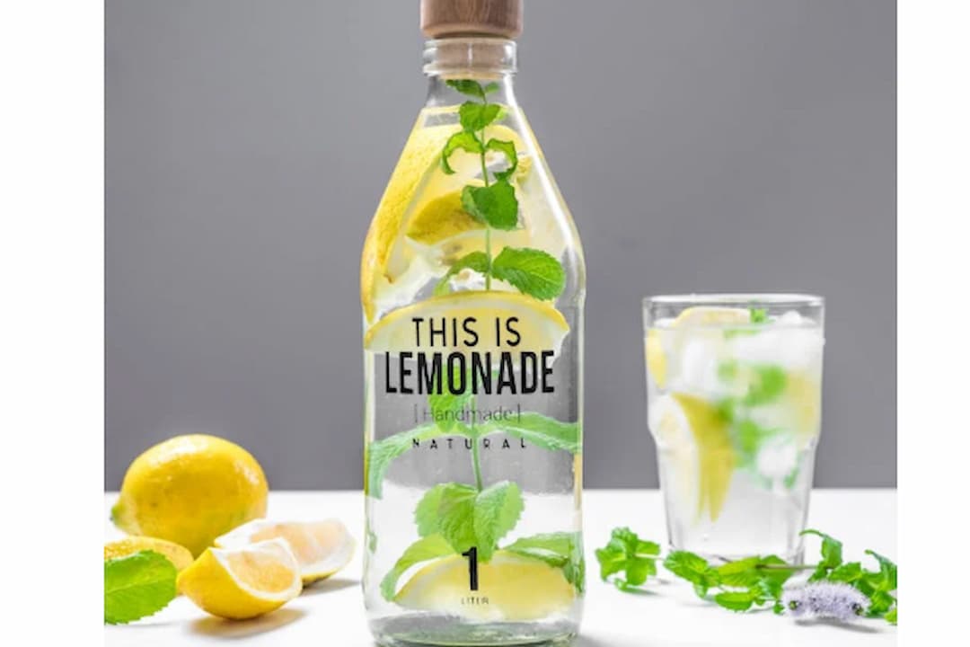 Glass bottle labeled "This Is Lemonade", filled with lemon slices, mint leaves, and clear liquid, placed beside a glass of lemonade and fresh lemons on a white surface