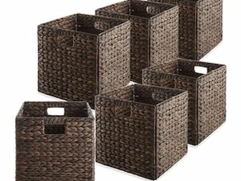 set of six dark brown wicker storage baskets, square shape, open tops, built-in rectangular handles on sides