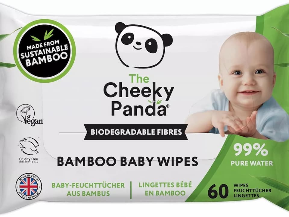 Cheeky Panda bamboo baby wipes pack, white and green packaging, smiling baby, sustainable bamboo label, 60 biodegradable wipes